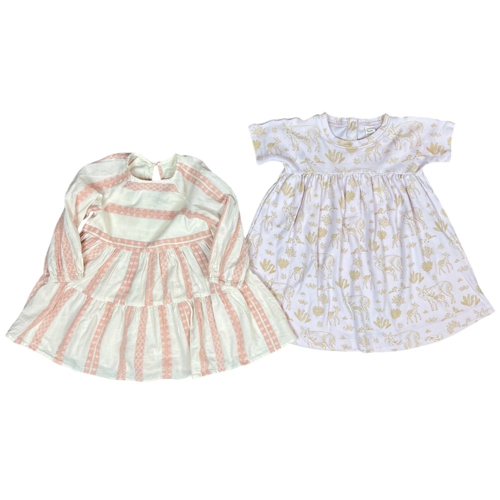 Kate Quinn 3T Zara 2-3Y Toddler Dress Bundle Organic Cotton Deer Pink Stripe 2pc